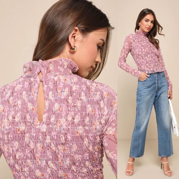 NEW Lulu's Sophisticated Blossom Mauve Pink Floral Mesh Smocked Mock Neck Top XL - Picture 15 of 15